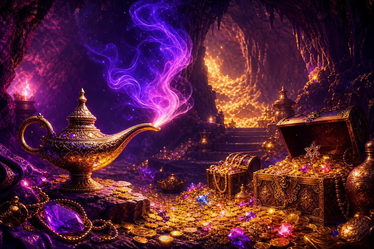 ถ้ำสมบัติสไตล์อาหรับราตรีพร้อมตะเกียงวิเศษและกองเหรียญทองในเกมสล็อต