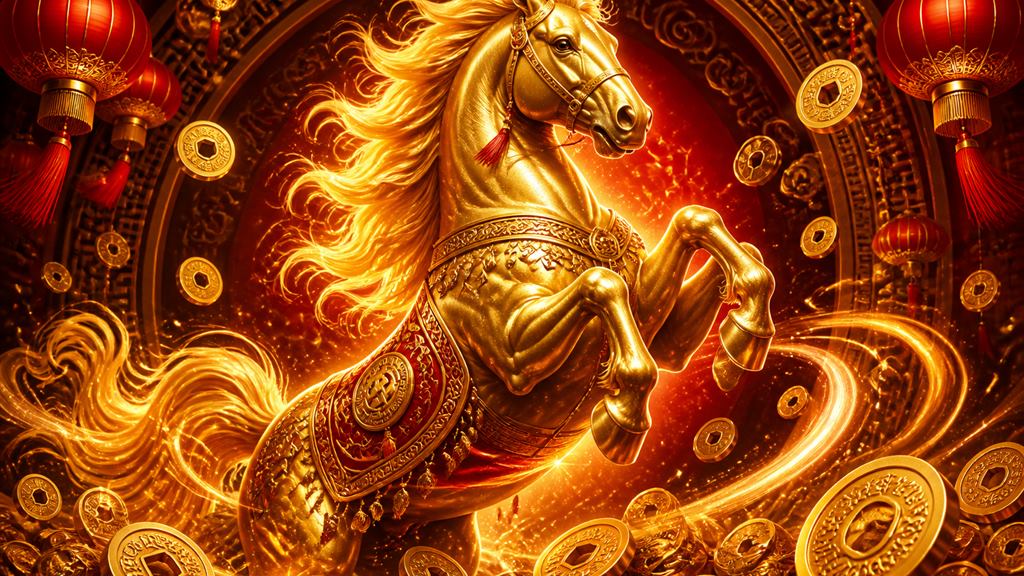 ม้ามงคลสีทองพร้อมสัญลักษณ์นำโชคจีนโบราณในเกมสล็อต Fortune Horse